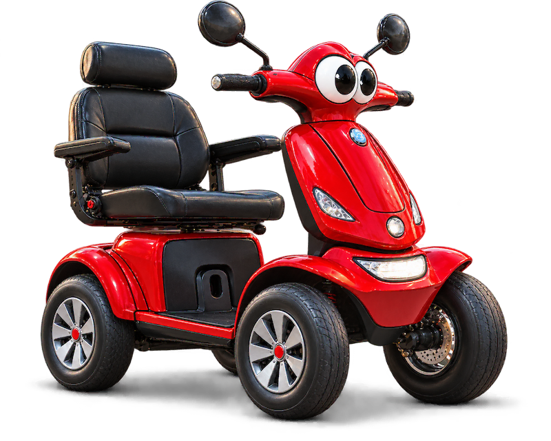 Smiling red ScootAround mobility scooter mascot